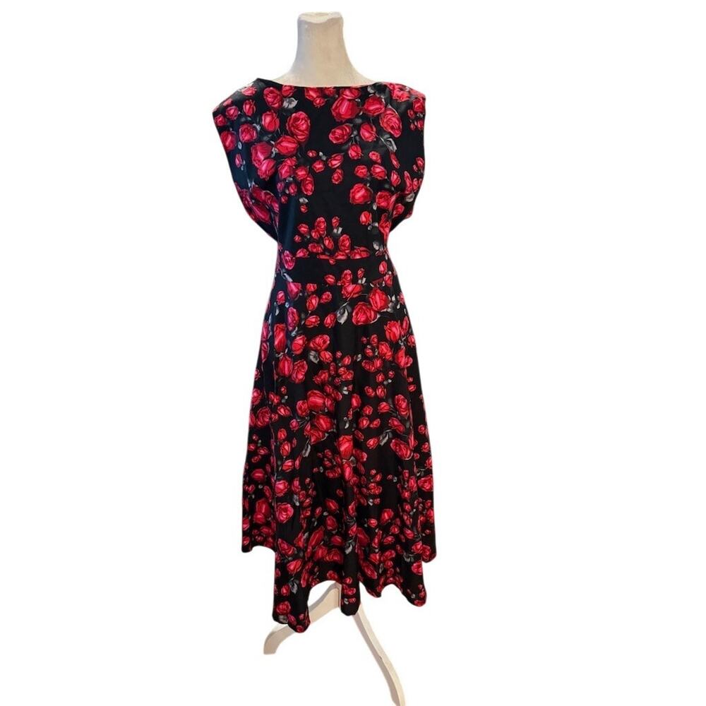 Pinup Inspired Dress Womens XXXXL Black Red Rose Floral Swing Midi